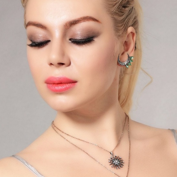 Green Leaf Crescent Moon Earrings Silver - Picture 2 of 7